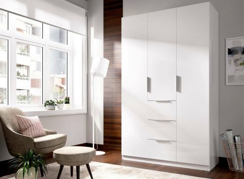Guardaroba Falterona, Mobile appendiabiti per camera da letto, Armadio a 3 ante battenti e 3 cassetti, 135x52h204 cm, Bianco lucido