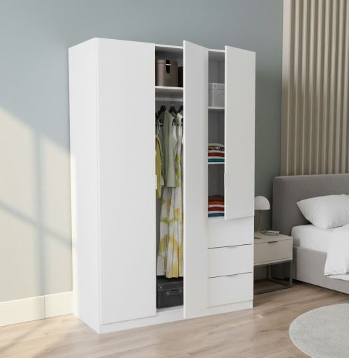 Guardaroba Fullerton, Armadio per camera da letto a 3 ante e 3 cassetti, Mobile con 3 ripiani e barra appendiabiti, 135x52h200 cm, Bianco