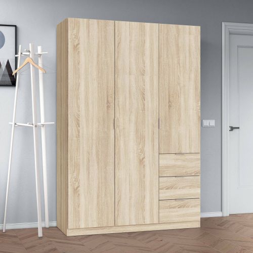 Guardaroba Fullerton, Armadio per camera da letto a 3 ante e 3 cassetti, Mobile con 3 ripiani e barra appendiabiti, 135x52h200 cm, Rovere