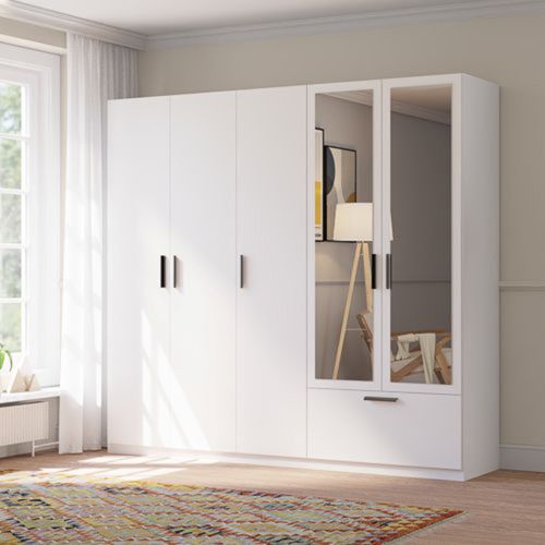 Guardaroba Grande Bianco 3 Ripiani Appendiabiti 225x210h cm, un Cassetto - Letesori