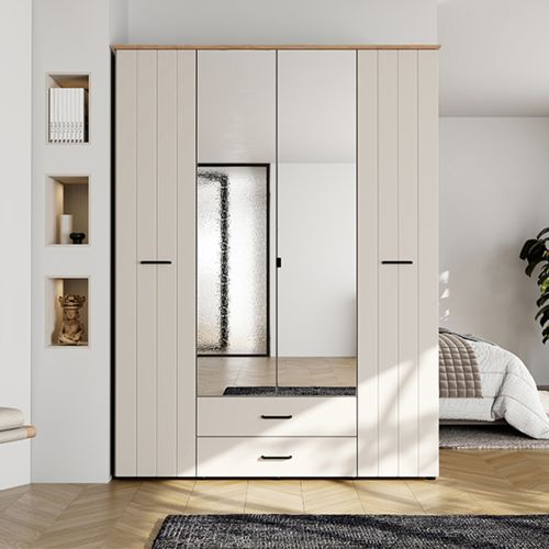 Guardaroba Grande Bianco Crema Marrone Rovere 2 Cassetti 8 Ripiani 157x208h cm, Appendiabiti - Pokhar
