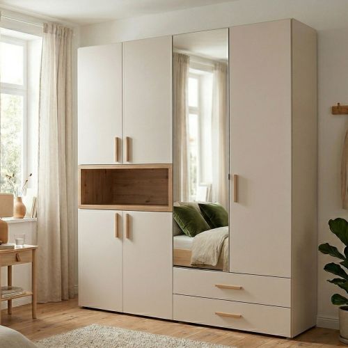 Guardaroba Grande Bianco Crema Marrone Rovere Nodi 2 Cassetti 4 Ripiani 179x226.5h cm, Appendiabiti - Merlino