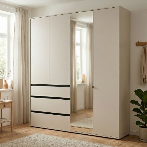 Guardaroba Grande Bianco Crema Nero 4 Ripiani 3 Cassetti 183x211h cm, Appendiabiti - Rifreddoo