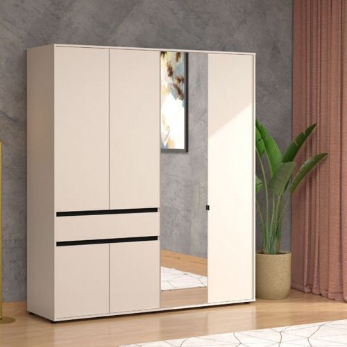Guardaroba Grande Bianco Crema Nero 4 Ripiani un Cassetto 182.5x210.5h cm, Appendiabiti - Rifreddo