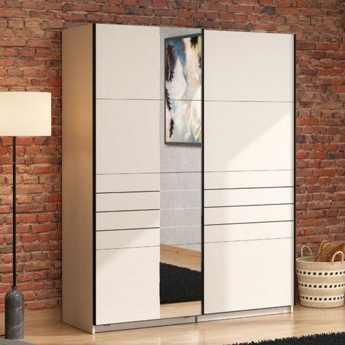 Guardaroba Grande Bianco Crema Nero Appendiabiti 2 Ripiani 145.5x217.5h cm, Apertura Scorrevole - Vialone