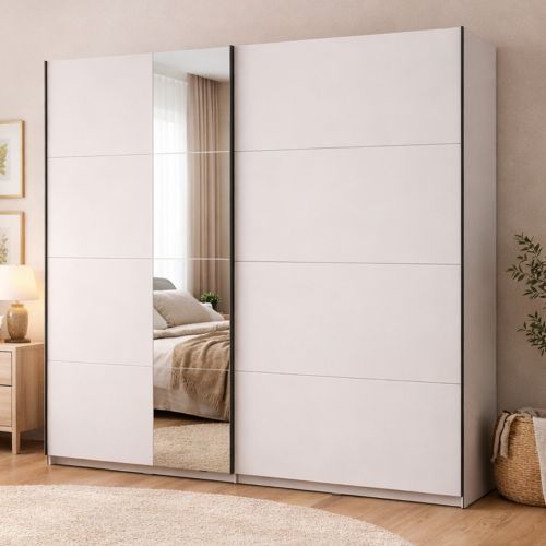 Guardaroba Grande Bianco Crema Nero Appendiabiti 2 Ripiani 195x217.5h cm, Apertura Scorrevole - Porlezza