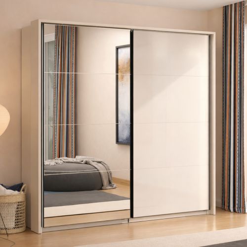 Guardaroba Grande Bianco Crema Nero Appendiabiti 2 Ripiani 220x217.5h cm, Apertura Scorrevole - Laghi