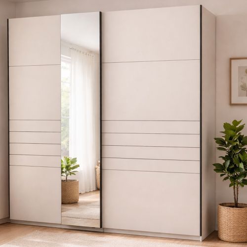 Guardaroba Grande Bianco Crema Nero Appendiabiti 2 Ripiani 220x217.5h cm, Apertura Scorrevole - Spartano