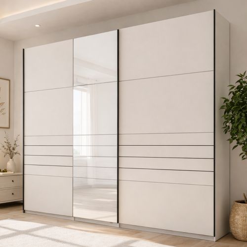 Guardaroba Grande Bianco Crema Nero Appendiabiti 2 Ripiani 245x217.5h cm, Apertura Scorrevole - Peio