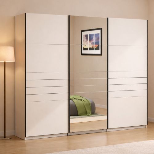 Guardaroba Grande Bianco Crema Nero Appendiabiti 3 Ripiani 267x217h cm, Apertura Scorrevole - Tures