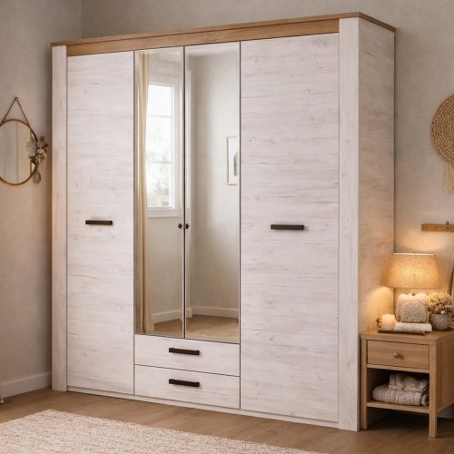 Guardaroba Grande Bianco Larice Marrone Noce 2 Cassetti 5 Ripiani 198.5x206.5h cm, Appendiabiti - Caiano