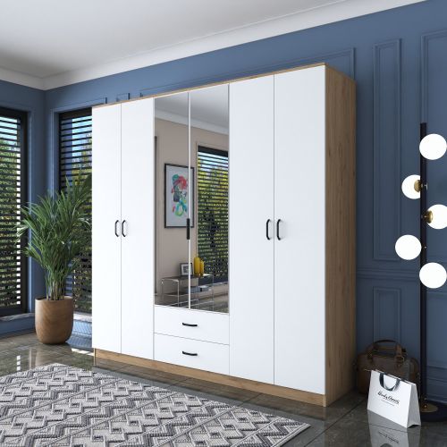 Guardaroba Grande Bianco Marrone 2 Cassetti 5 Ripiani 210x210h cm, Appendiabiti - Neirone