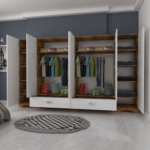 Guardaroba Grande Bianco Marrone Noce 10 Ripiani 2 Cassetti 243x181h cm, Appendiabiti - Madruzzo