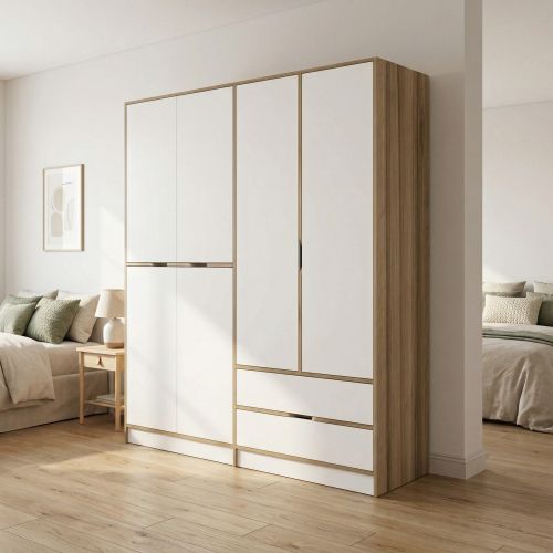 Guardaroba Grande Bianco Marrone Noce 5 Ripiani Appendiabiti 185x208h cm, 2 Cassetti - Odalys