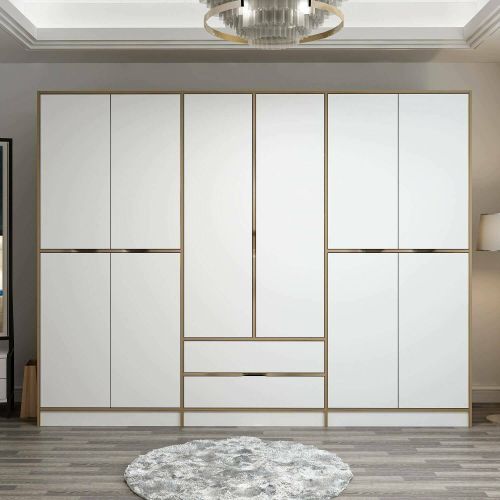 Guardaroba Grande Bianco Marrone Noce 5 Ripiani Appendiabiti 277x208h cm, 2 Cassetti - Gaspard