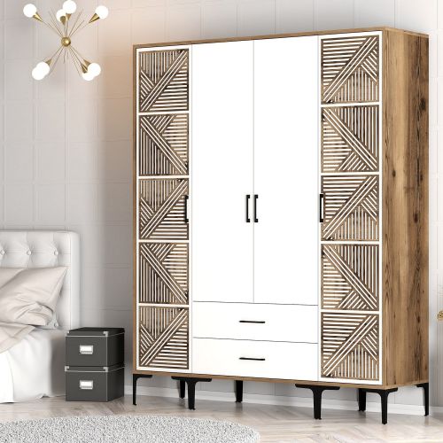 Guardaroba Grande Bianco Marrone Noce 6 Ripiani 2 Cassetti 160x201h cm, Appendiabiti - Gavello