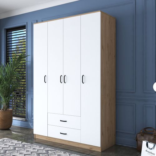 Guardaroba Grande Bianco Marrone Rovere 11 Ripiani 2 Cassetti 140x210h cm, Appendiabiti - Lavello