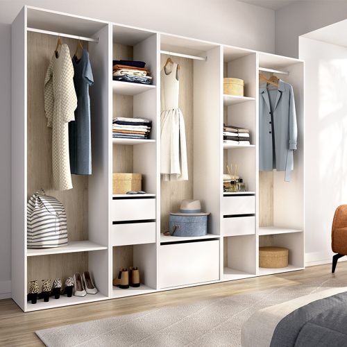 Guardaroba Grande Bianco Marrone Rovere 11 Ripiani Appendiabiti 45x205h cm, 4 Cassetti - Tequesta