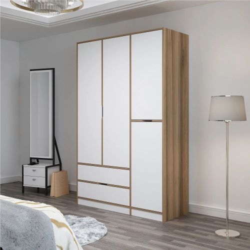 Guardaroba Grande Bianco Marrone Rovere 2 Cassetti Appendiabiti 140x208h cm, 3 Ripiani - Serle