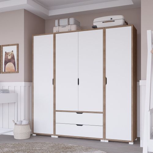 Guardaroba Grande Bianco Marrone Rovere 2 Cassetti Appendiabiti 170x183h cm, 9 Ripiani - Summonte