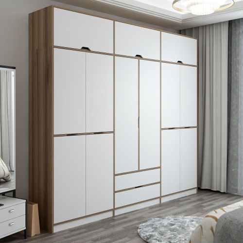 Guardaroba Grande Bianco Marrone Rovere 2 Cassetti Appendiabiti 277x253h cm, 4 Ripiani - Fissiraga