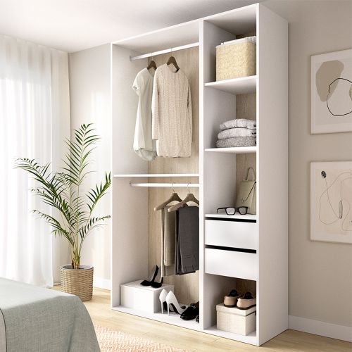 Guardaroba Grande Bianco Marrone Rovere 4 Ripiani Appendiabiti 45x205h cm, 2 Cassetti - Fellowship