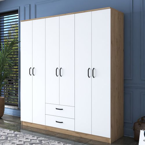 Guardaroba Grande Bianco Marrone Rovere 5 Ripiani 2 Cassetti 180x191h cm, Appendiabiti - Ton
