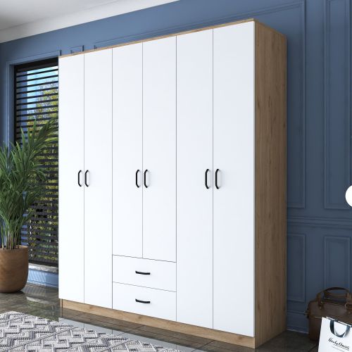 Guardaroba Grande Bianco Marrone Rovere 5 Ripiani 2 Cassetti 180x210h cm, Appendiabiti - Tadasuni