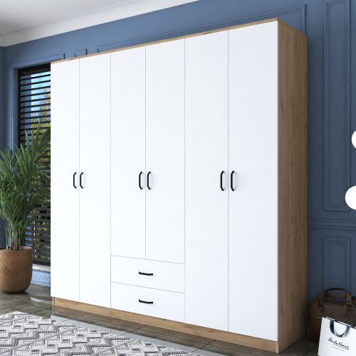 Guardaroba Grande Bianco Marrone Rovere 5 Ripiani 2 Cassetti 210x210h cm, Appendiabiti - Vandoies
