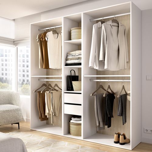Guardaroba Grande Bianco Marrone Rovere 5 Ripiani Appendiabiti 45x205h cm, 2 Cassetti - Rector
