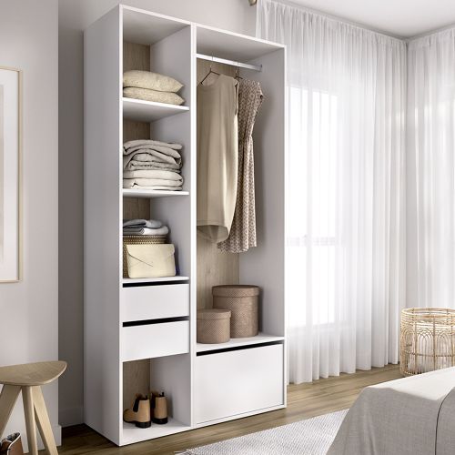 Guardaroba Grande Bianco Marrone Rovere 6 Ripiani Appendiabiti 45x205h cm, 2 Cassetti - Cornwell