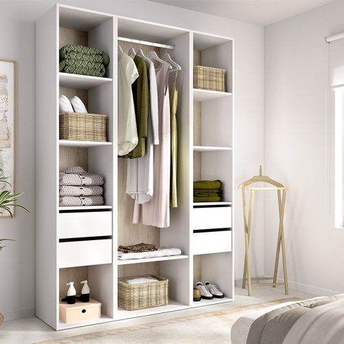 Guardaroba Grande Bianco Marrone Rovere 7 Ripiani Appendiabiti 45x205h cm, 4 Cassetti - Bellwood