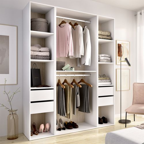 Guardaroba Grande Bianco Marrone Rovere 7 Ripiani Appendiabiti 45x205h cm, 4 Cassetti - Gardiner