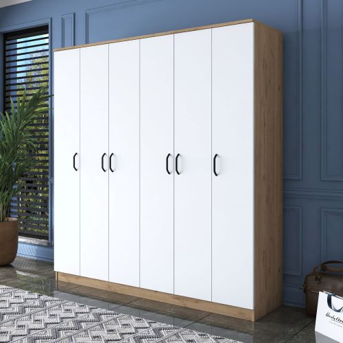 Guardaroba Grande Bianco Marrone Rovere Appendiabiti 14 Ripiani 180x191h cm, Apertura Battente - Postua