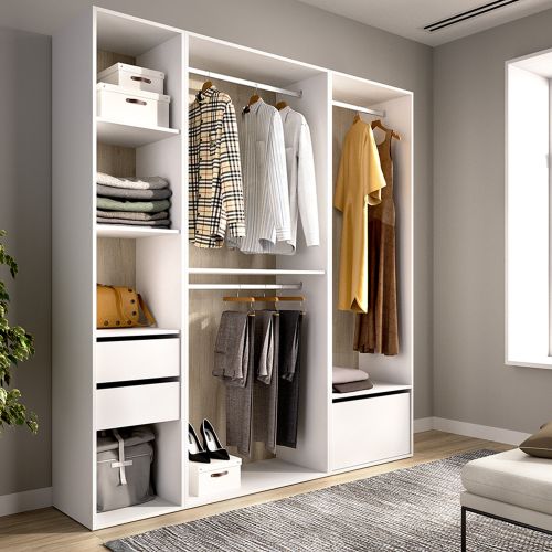 Guardaroba Grande Bianco Marrone Rovere Modulabile 7 Ripiani 45x205h cm, Appendiabiti - Keener