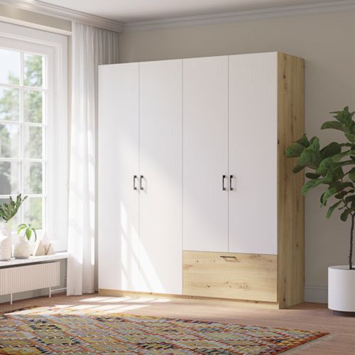 Guardaroba Grande Bianco Marrone Rovere Nodi 2 Ripiani Appendiabiti 180x210h cm, un Cassetto - Libanori