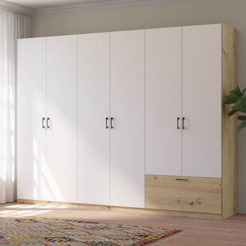 Guardaroba Grande Bianco Marrone Rovere Nodi 3 Ripiani Appendiabiti 269x210h cm, un Cassetto - Lezasana
