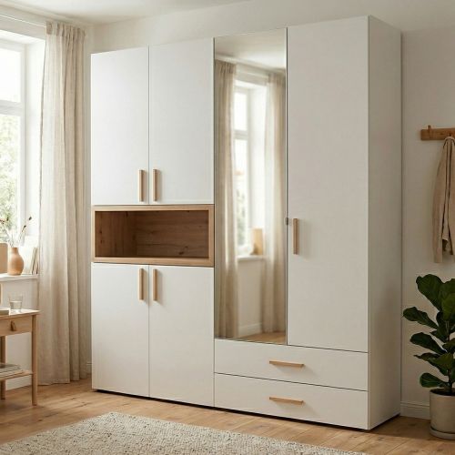 Guardaroba Grande Bianco Marrone Rovere Nodi 4 Ripiani 2 Cassetti 179x226.5h cm, Appendiabiti - Merlino