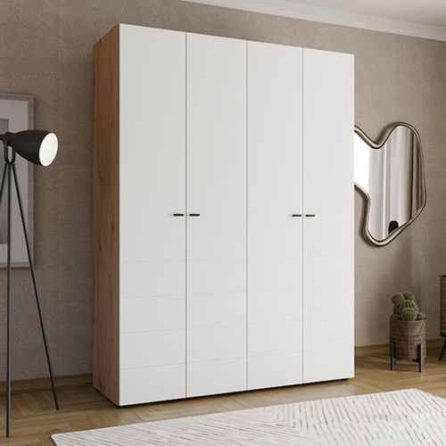 Guardaroba Grande Bianco Marrone Rovere Nodi 4 Ripiani 4 Ante 155x208h cm, 6 Vani - Soris