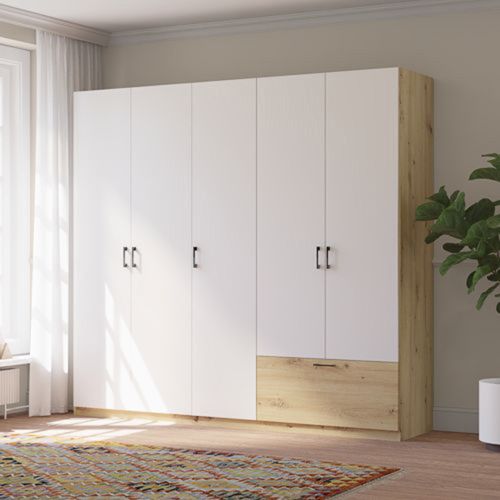 Guardaroba Grande Bianco Marrone Rovere Nodi 5 Ripiani Appendiabiti 225x210h cm, un Cassetto - Lezame