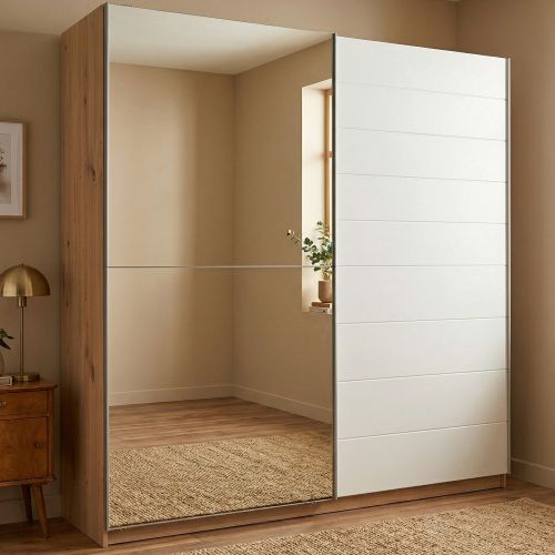 Guardaroba Grande Bianco Marrone Rovere Nodi Appendiabiti 8 Ripiani 217x210h cm, Apertura Scorrevole - Valsinni