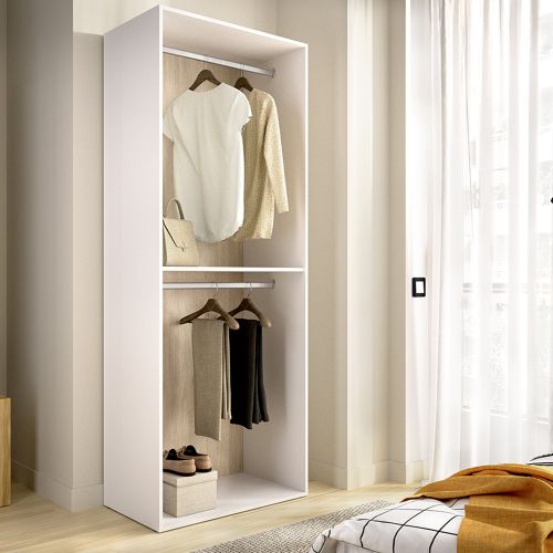 Guardaroba Grande Bianco Marrone Rovere un Ripiano Appendiabiti 45x205h cm, Cassetti - Ashebrook