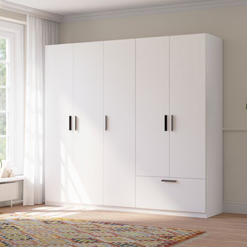 Guardaroba Grande Bianco Nero 3 Ripiani Appendiabiti 225x210h cm, un Cassetto - Liba