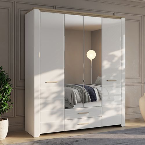 Guardaroba Grande Bianco Opaco Marrone Rovere 2 Cassetti 8 Ripiani 186x216h cm, Appendiabiti - Mahone