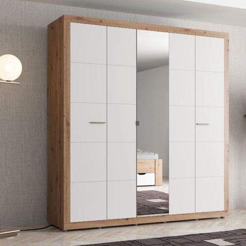 Guardaroba Grande Bianco Opaco Marrone Rovere Appendiabiti 5 Ripiani 194x208h cm, 8 Vani - Giseny