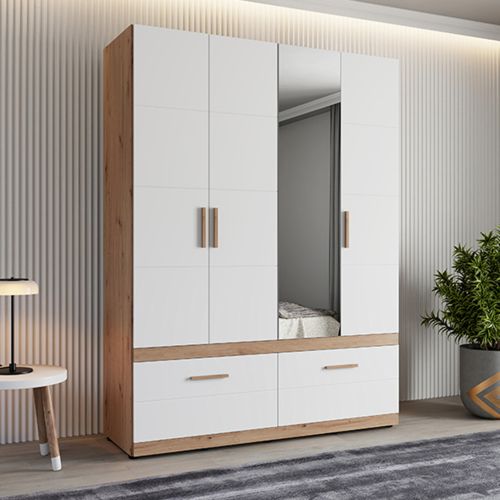 Guardaroba Grande Bianco Opaco Marrone Rovere Nodi 2 Cassetti 2 Ripiani 155x208h cm, Appendiabiti - Sayul