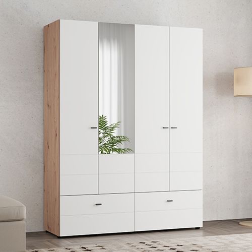 Guardaroba Grande Bianco Opaco Marrone Rovere Nodi 2 Ripiani 2 Cassetti 155x208h cm, Appendiabiti - Spigno