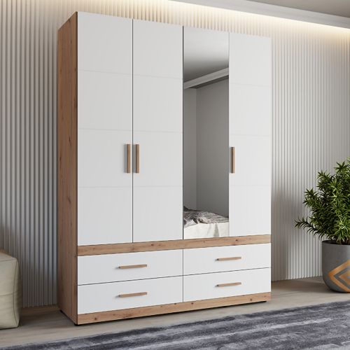 Guardaroba Grande Bianco Opaco Marrone Rovere Nodi 4 Cassetti 2 Ripiani 155x208h cm, Appendiabiti - Taxco