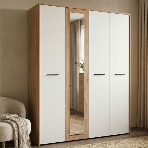 Guardaroba Grande Bianco Opaco Marrone Rovere Nodi Appendiabiti 5 Ripiani 157.5x203.5h cm, 4 Ante - Monvalle