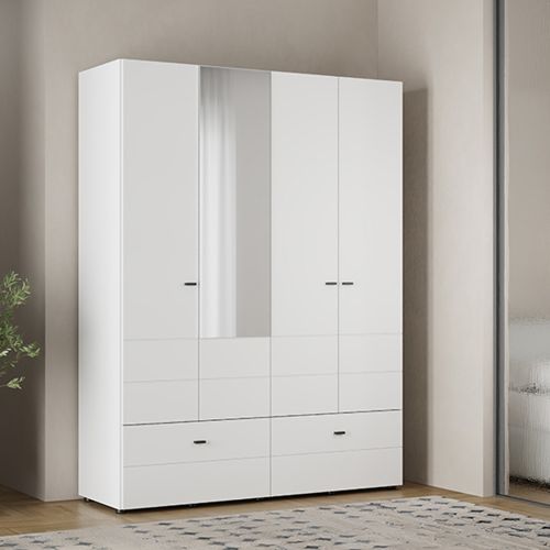 Guardaroba Grande Bianco Opaco Nero 2 Ripiani 2 Cassetti 155x208h cm, Appendiabiti - Spigno